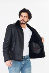 DERİNSS DER421 Hakiki Deri Erkek Siyah Kürklü Kışlık Mont