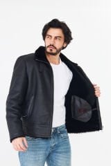 DERİNSS DER421 Hakiki Deri Erkek Siyah Kürklü Kışlık Mont