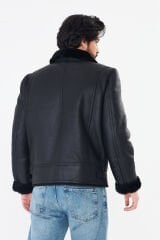 DERİNSS DER421 Hakiki Deri Erkek Siyah Kürklü Kışlık Mont