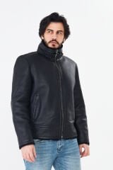 DERİNSS DER421 Hakiki Deri Erkek Siyah Kürklü Kışlık Mont