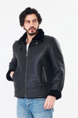 DERİNSS DER421 Hakiki Deri Erkek Siyah Kürklü Kışlık Mont