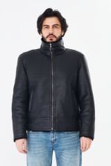 DERİNSS DER421 Hakiki Deri Erkek Siyah Kürklü Kışlık Mont