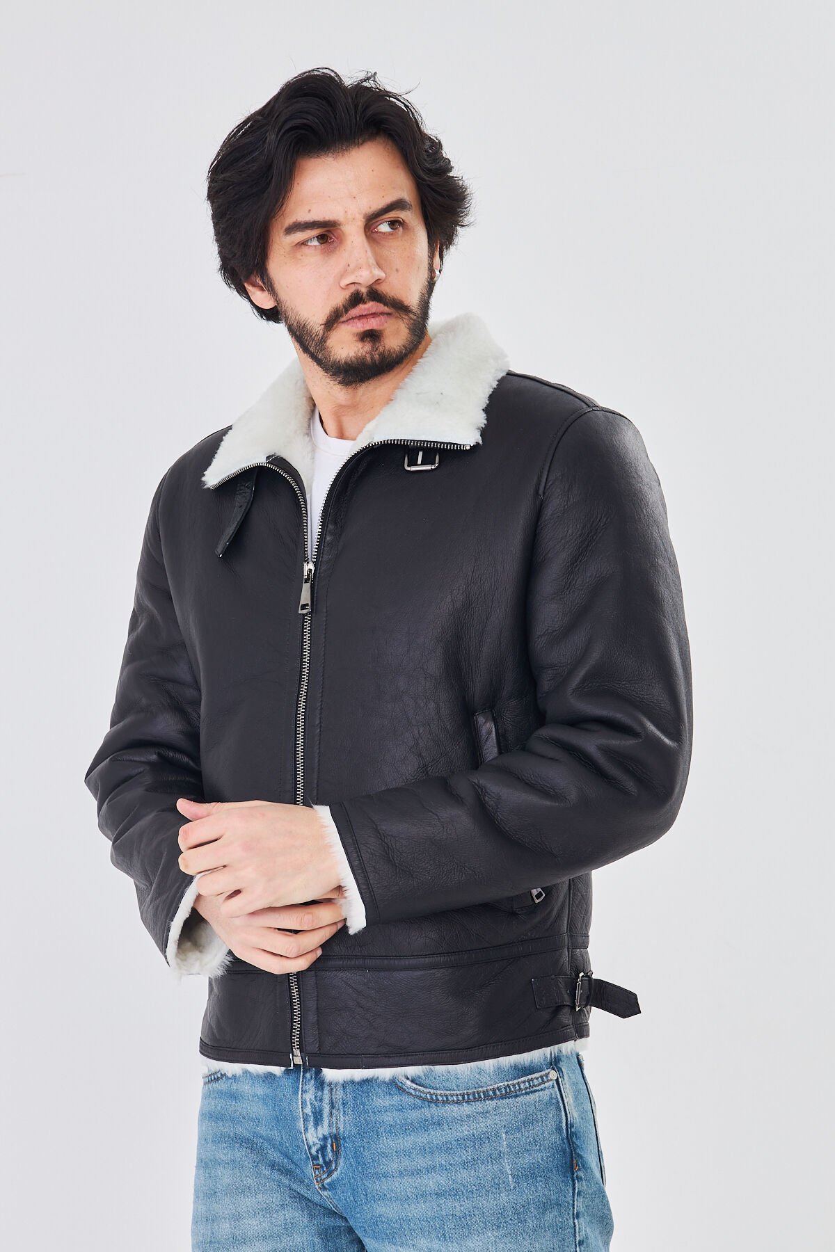 DERİNSS DER421 Hakiki Deri Erkek Beyaz Kürklü Kışlık Mont