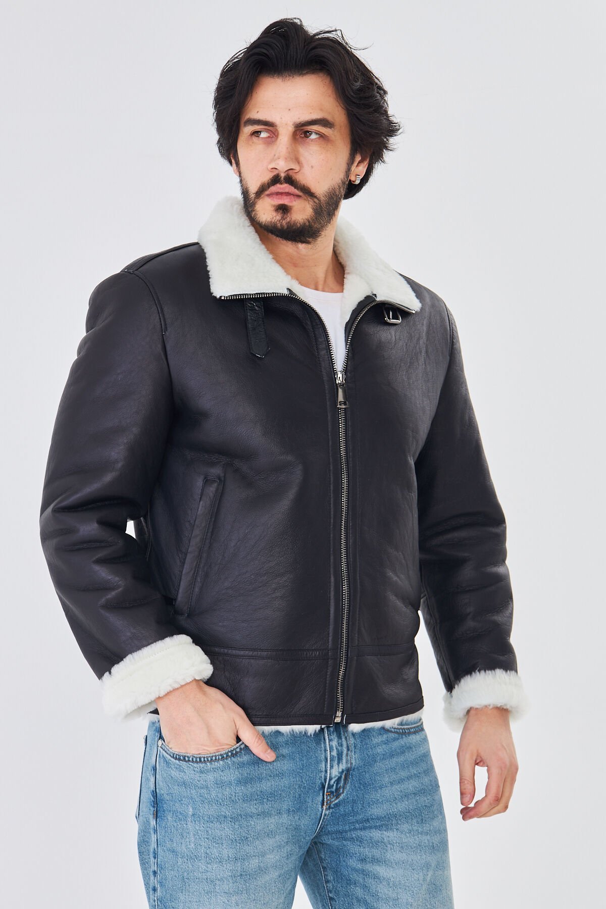 DERİNSS DER421 Hakiki Deri Erkek Beyaz Kürklü Kışlık Mont