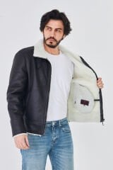 DERİNSS DER421 Hakiki Deri Erkek Beyaz Kürklü Kışlık Mont