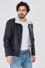 DERİNSS DER421 Hakiki Deri Erkek Beyaz Kürklü Kışlık Mont