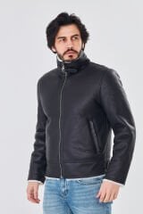 DERİNSS DER421 Hakiki Deri Erkek Beyaz Kürklü Kışlık Mont