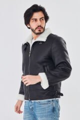 DERİNSS DER421 Hakiki Deri Erkek Beyaz Kürklü Kışlık Mont