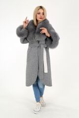 DERİNSS DKA0157 Gri Alpaca Hakiki Kürk Kadın Kaban