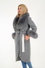 DERİNSS DKA0157 Gri Alpaca Hakiki Kürk Kadın Kaban