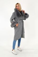 DERİNSS DKA0157 Gri Alpaca Hakiki Kürk Kadın Kaban