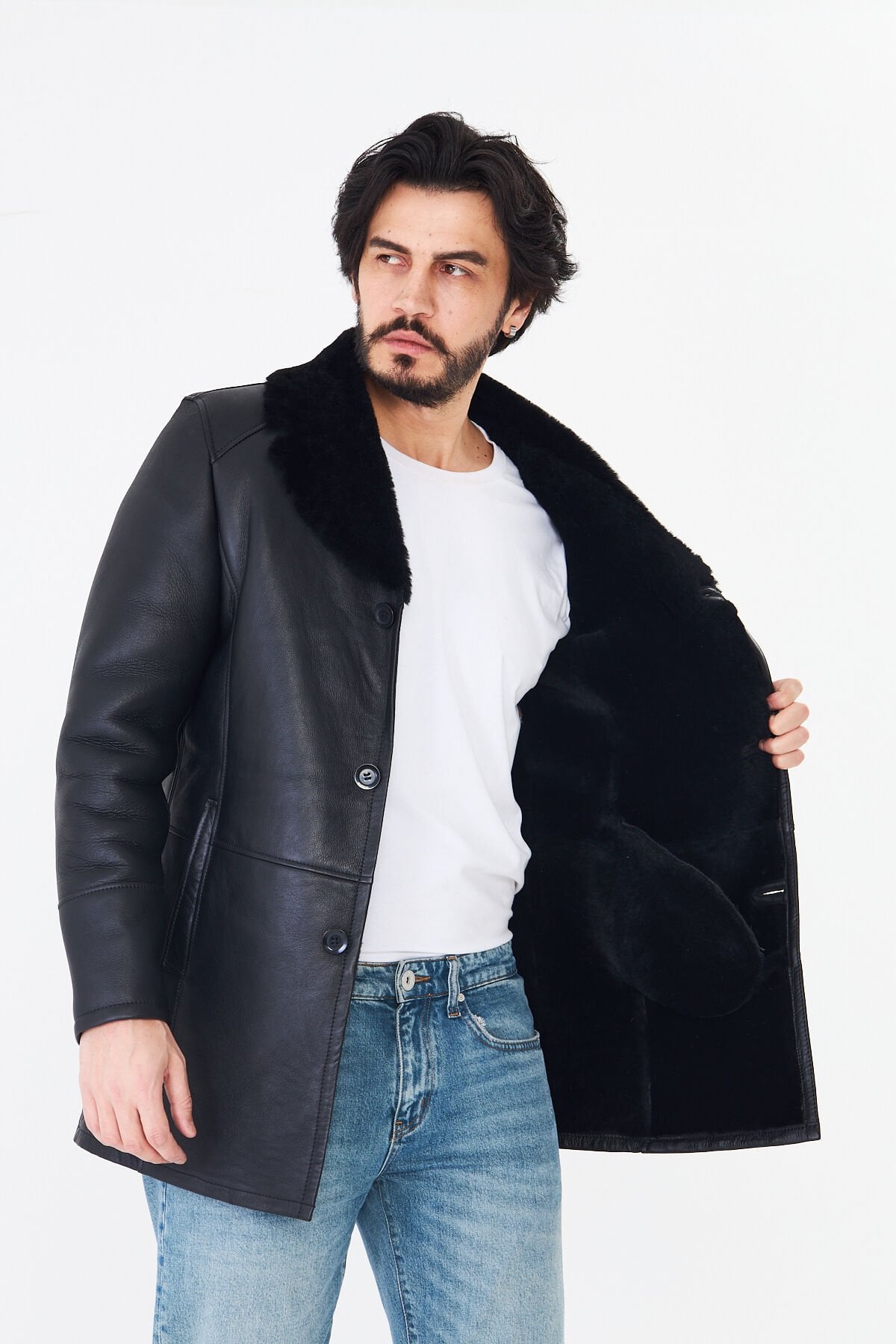 DERİNSS DER415 Hakiki Deri Erkek Siyah Kürklü Kışlık Baba Model Kaban