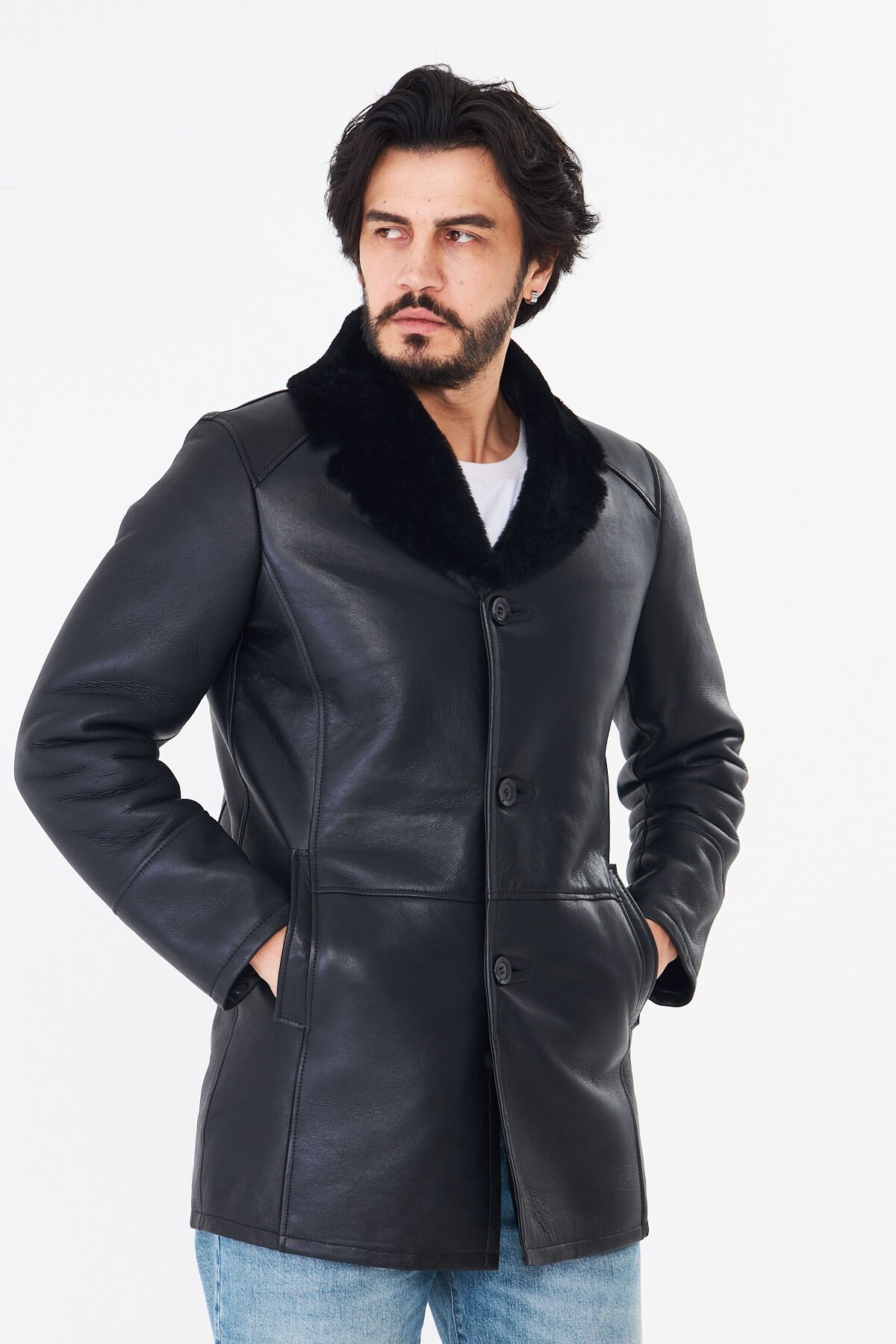 DERİNSS DER415 Hakiki Deri Erkek Siyah Kürklü Kışlık Baba Model Kaban