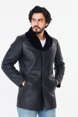 DERİNSS DER415 Hakiki Deri Erkek Siyah Kürklü Kışlık Baba Model Kaban