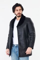 DERİNSS DER415 Hakiki Deri Erkek Siyah Kürklü Kışlık Baba Model Kaban