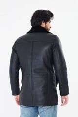 DERİNSS DER415 Hakiki Deri Erkek Siyah Kürklü Kışlık Baba Model Kaban