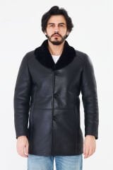 DERİNSS DER415 Hakiki Deri Erkek Siyah Kürklü Kışlık Baba Model Kaban