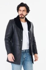 DERİNSS DER415 Hakiki Deri Erkek Siyah Kürklü Kışlık Baba Model Kaban