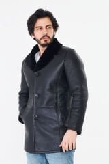 DERİNSS DER415 Hakiki Deri Erkek Siyah Kürklü Kışlık Baba Model Kaban