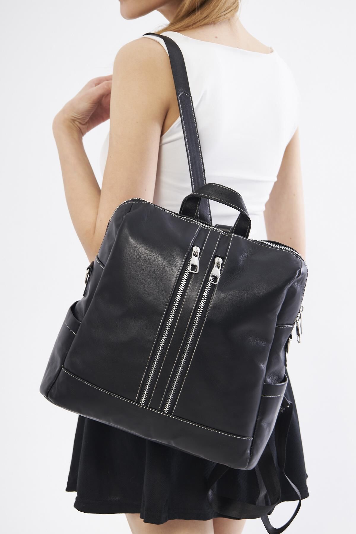 DERİNSS DKB372 Hakiki Deri Siyah Kadın Sırt ve Omuz Çantası