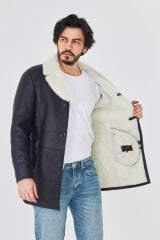 DERİNSS DER415 Hakiki Deri Erkek Beyaz Kürklü Kışlık Baba Model Kaban