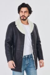 DERİNSS DER415 Hakiki Deri Erkek Beyaz Kürklü Kışlık Baba Model Kaban