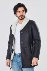DERİNSS DER415 Hakiki Deri Erkek Beyaz Kürklü Kışlık Baba Model Kaban