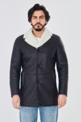 DERİNSS DER415 Hakiki Deri Erkek Beyaz Kürklü Kışlık Baba Model Kaban