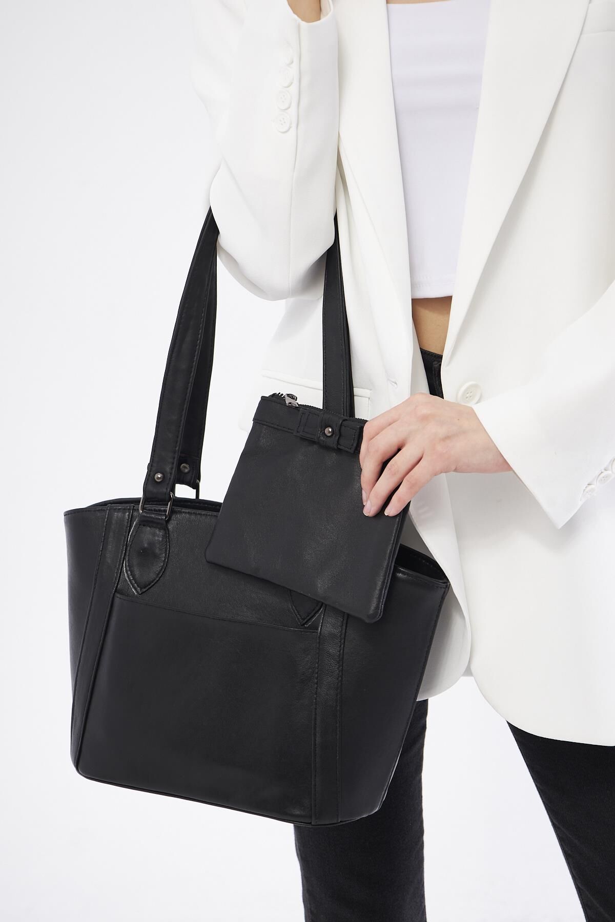 DERİNSS DKB645 Hakiki Deri Siyah Kadın El ve Omuz Çantası