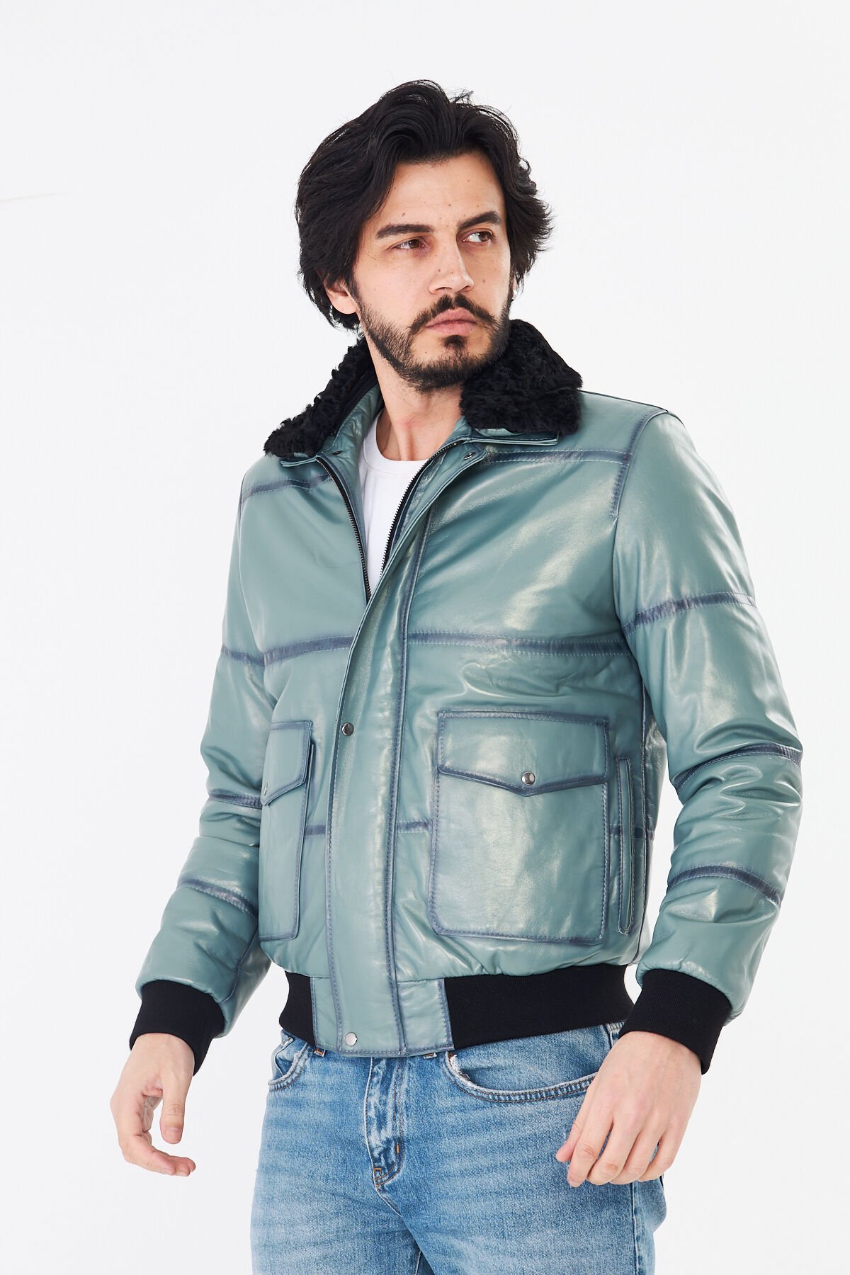 DERİNSS DER190 Hakiki Deri Erkek Yeşil Pilot Mont