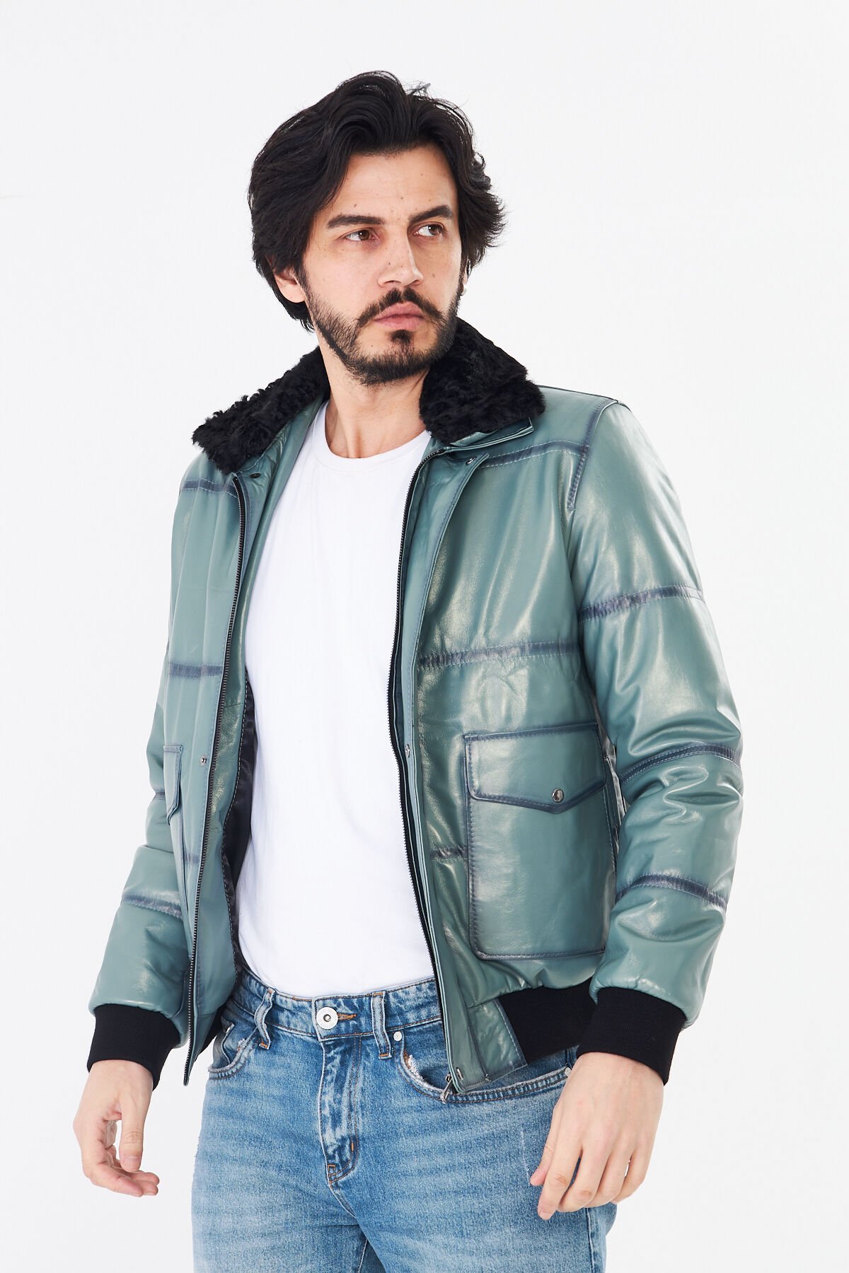 DERİNSS DER190 Hakiki Deri Erkek Yeşil Pilot Mont