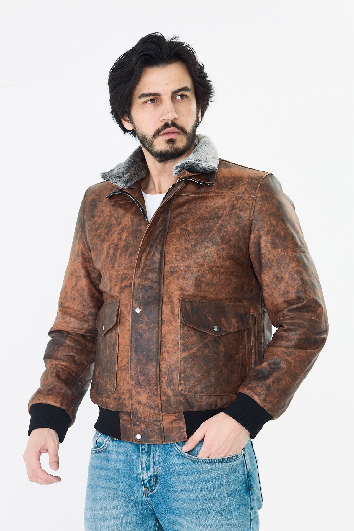 DERİNSS DER190 Hakiki Deri Erkek Taba Dökme Pilot Mont