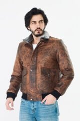 DERİNSS DER190 Hakiki Deri Erkek Taba Dökme Pilot Mont