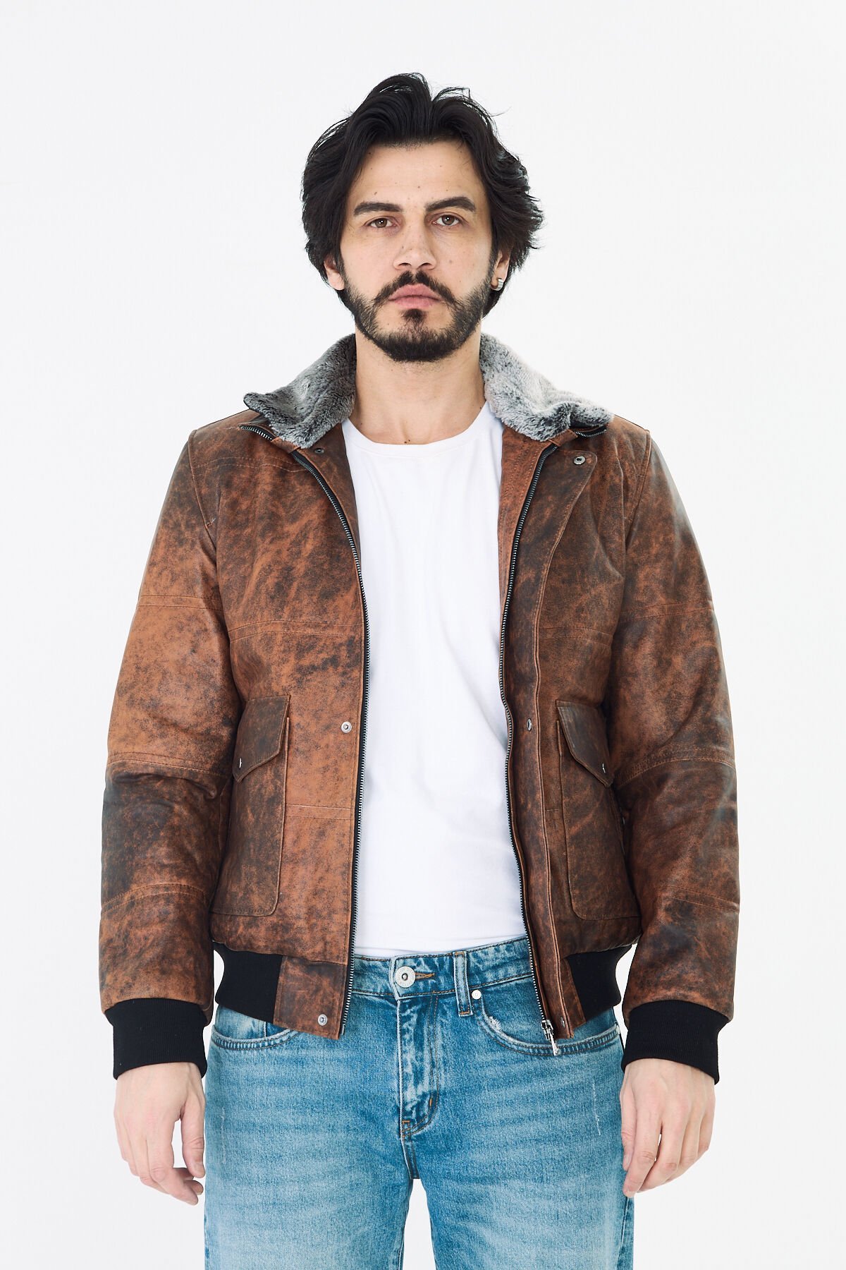 DERİNSS DER190 Hakiki Deri Erkek Taba Dökme Pilot Mont