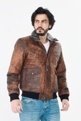 DERİNSS DER190 Hakiki Deri Erkek Taba Dökme Pilot Mont