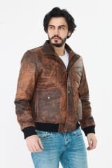 DERİNSS DER190 Hakiki Deri Erkek Taba Dökme Pilot Mont