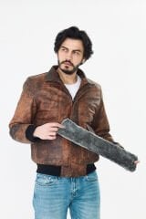 DERİNSS DER190 Hakiki Deri Erkek Taba Dökme Pilot Mont