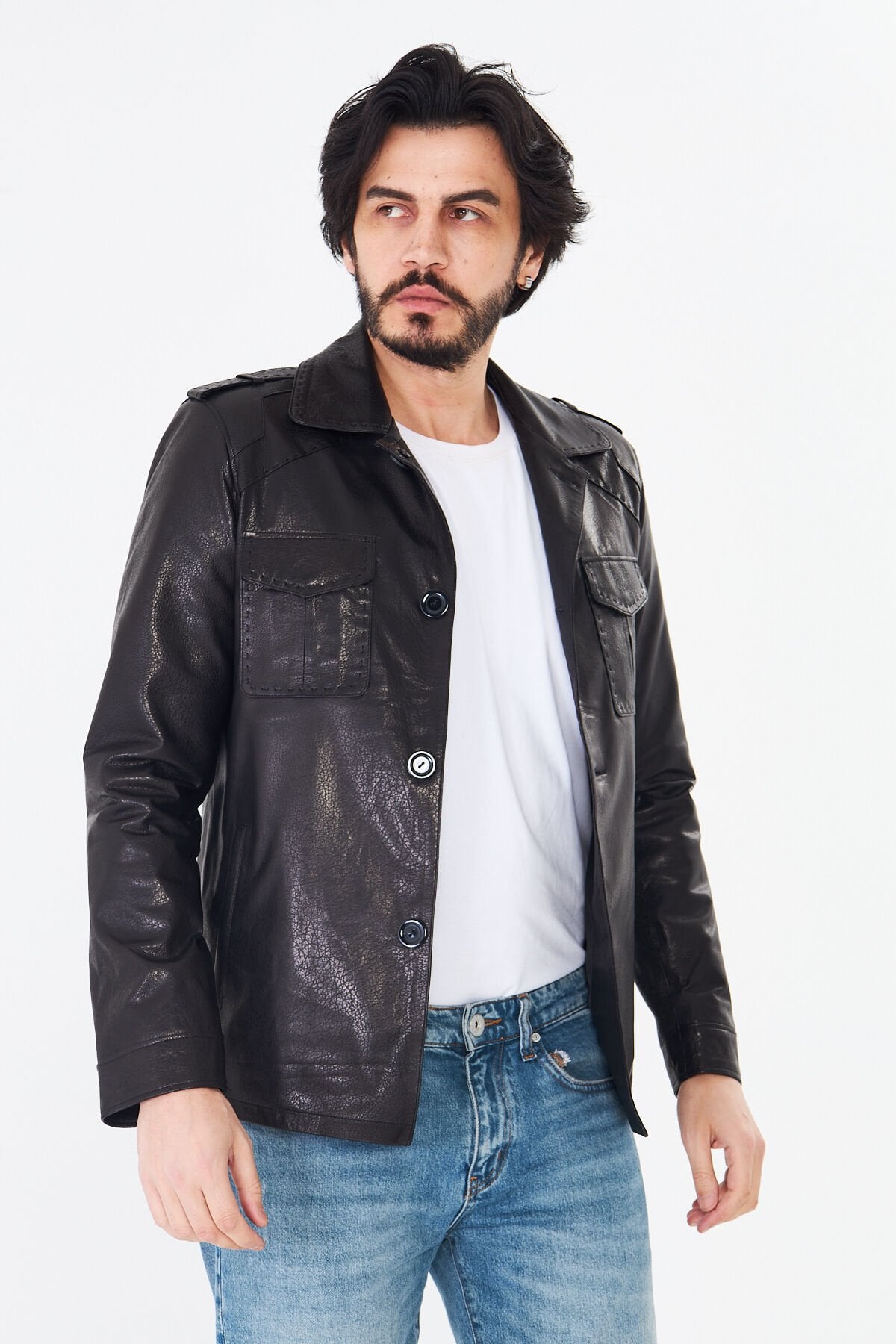 DERİNSS DER252 Hakiki Deri Erkek Siyah Jumbo Ceket