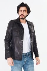 DERİNSS DER252 Hakiki Deri Erkek Siyah Jumbo Ceket