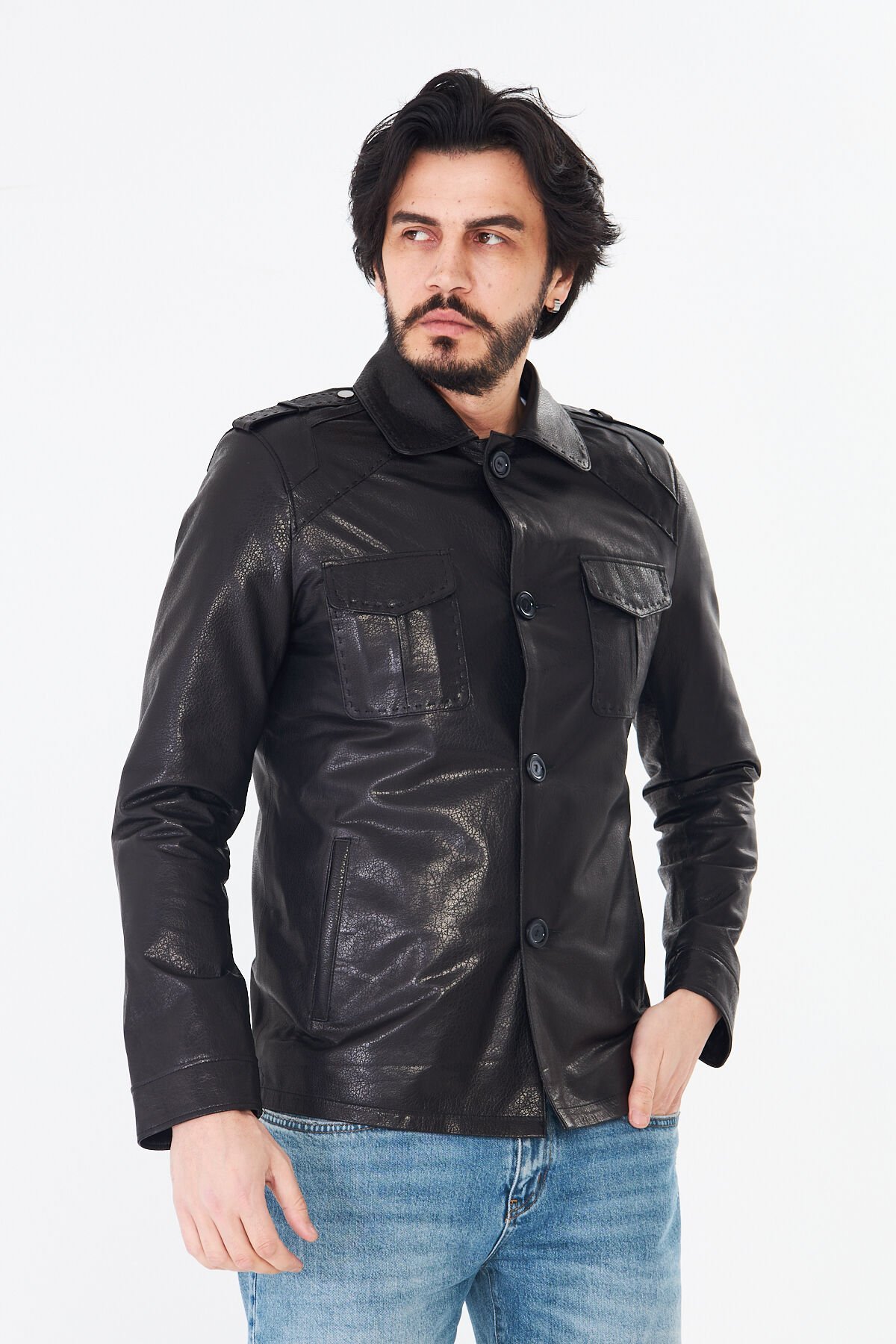 DERİNSS DER252 Hakiki Deri Erkek Siyah Jumbo Mont