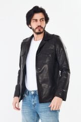 DERİNSS DER252 Hakiki Deri Erkek Siyah Jumbo Ceket