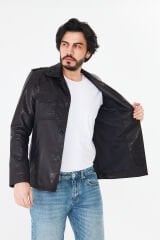 DERİNSS DER252 Hakiki Deri Erkek Siyah Jumbo Ceket