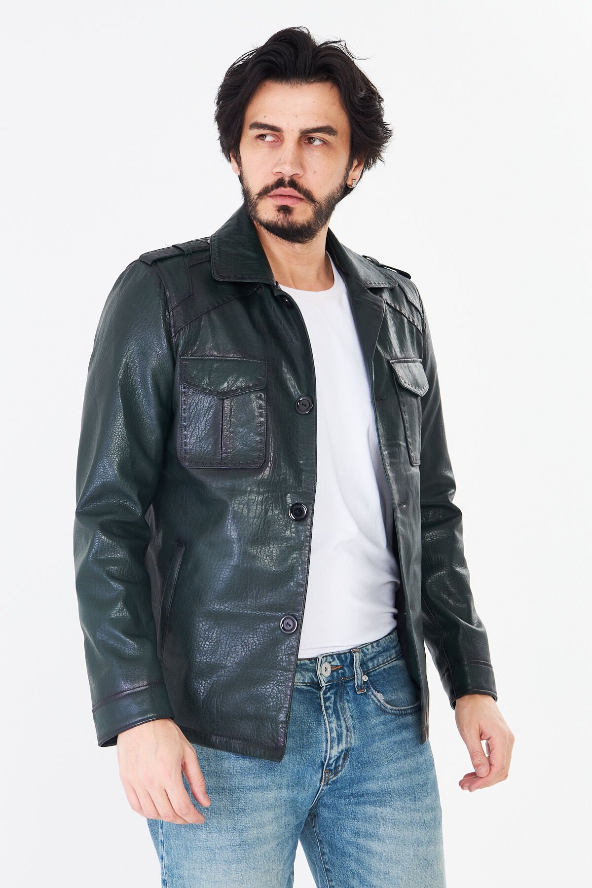 DERİNSS DER252 Hakiki Deri Erkek Yeşil Jumbo Ceket