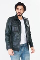 DERİNSS DER252 Hakiki Deri Erkek Yeşil Jumbo Mont