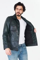 DERİNSS DER252 Hakiki Deri Erkek Yeşil Jumbo Ceket