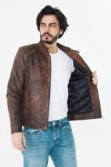 DERİNSS DER157 Hakiki Deri Erkek Taba Dökme Mont