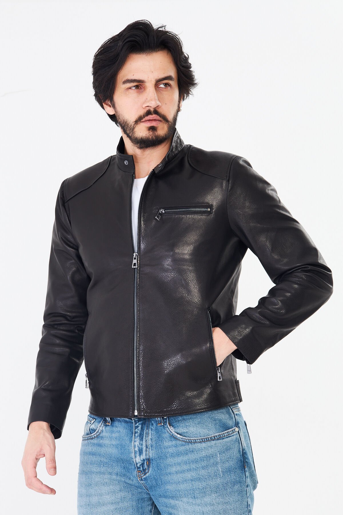 DERİNSS DER157 Hakiki Deri Erkek Siyah Jumbo Mont