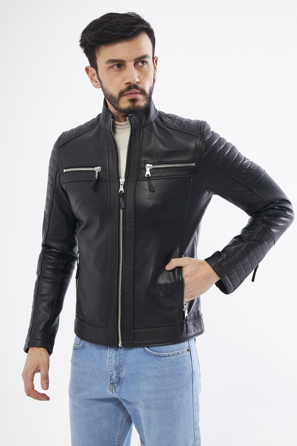 DERİNSS DER109 Hakiki Deri Erkek Siyah Mont