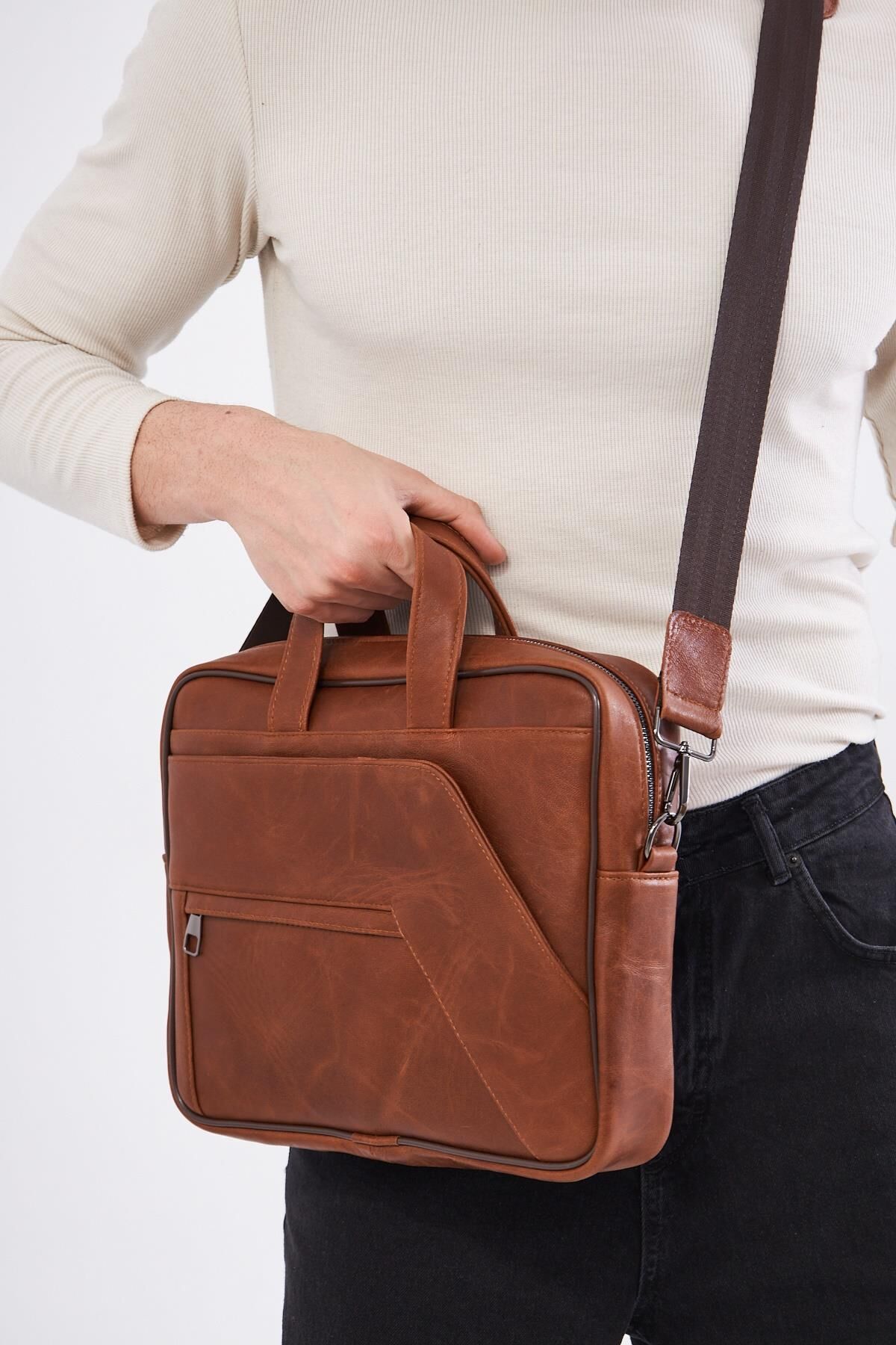 DERİNSS DUB3075 Hakiki Deri Camel Macbook ve Notebook Çantası