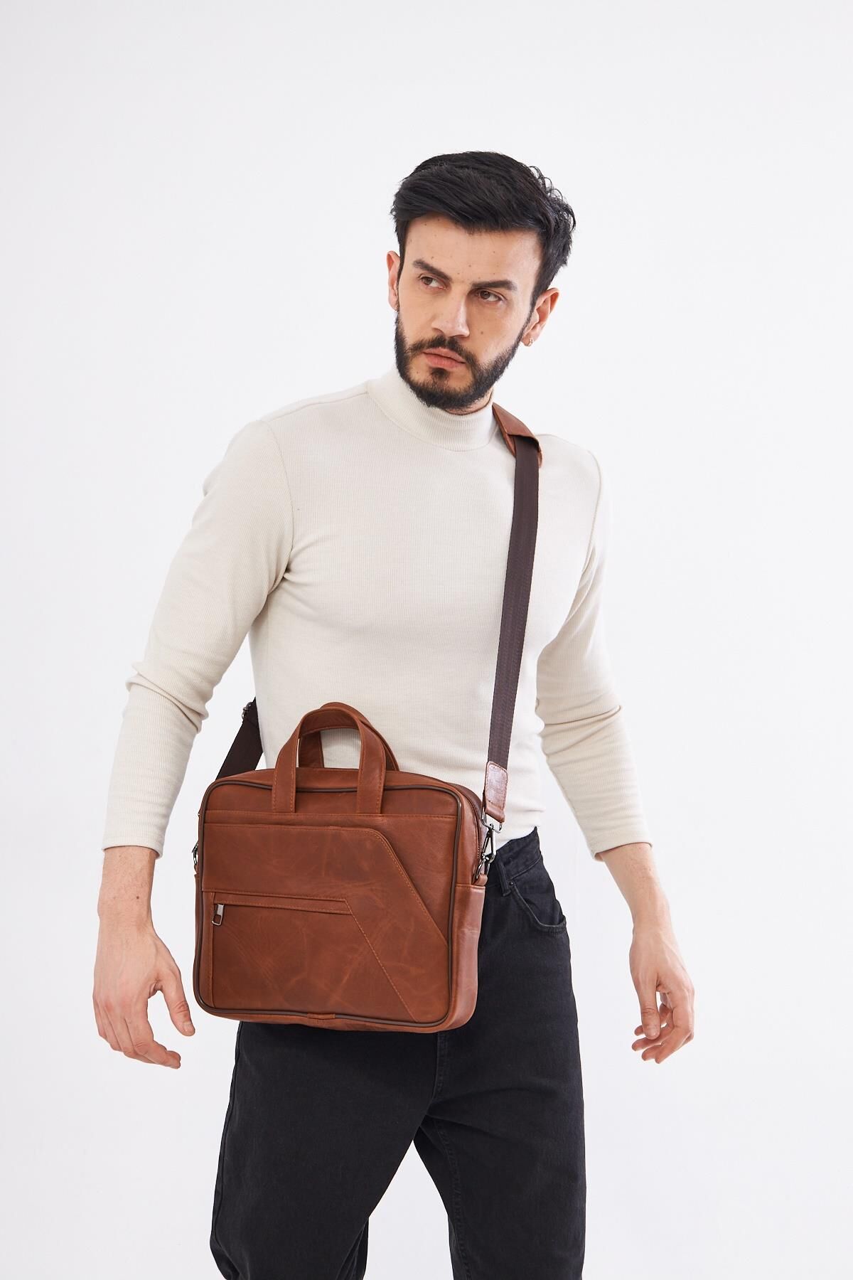 DERİNSS DUB3075 Hakiki Deri Camel Macbook ve Notebook Çantası